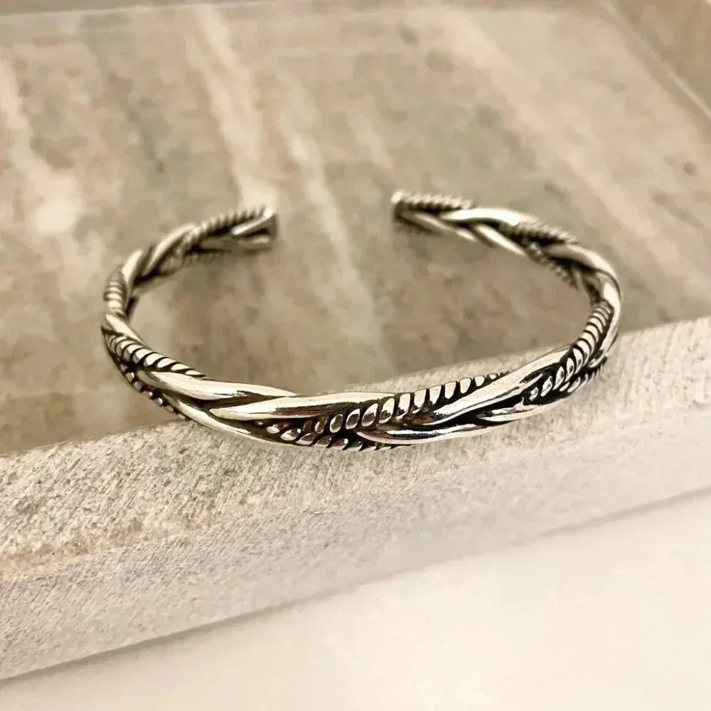 925 Sterling Silver Mens Bangle Bracelet Modern Twist Cuff Bracelet